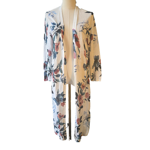 J. Jill Women's Linen Blend Floral Long Cardigan Sweater Open Front 3/4 Sleeve M - Picture 1 of 7